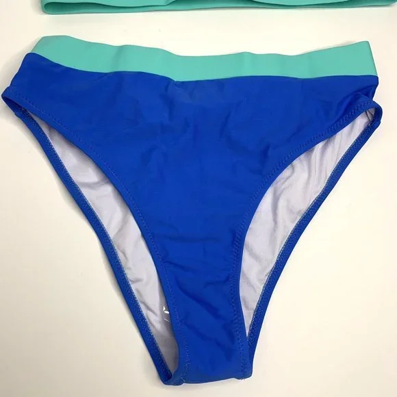 Womens High Waisted Cheeky Bikini Swimsuit Size Small Blue Teal - Picture 6 of 12